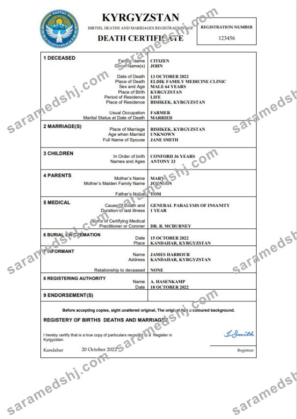 Kyrgyzstan death certificate Word and PDF template